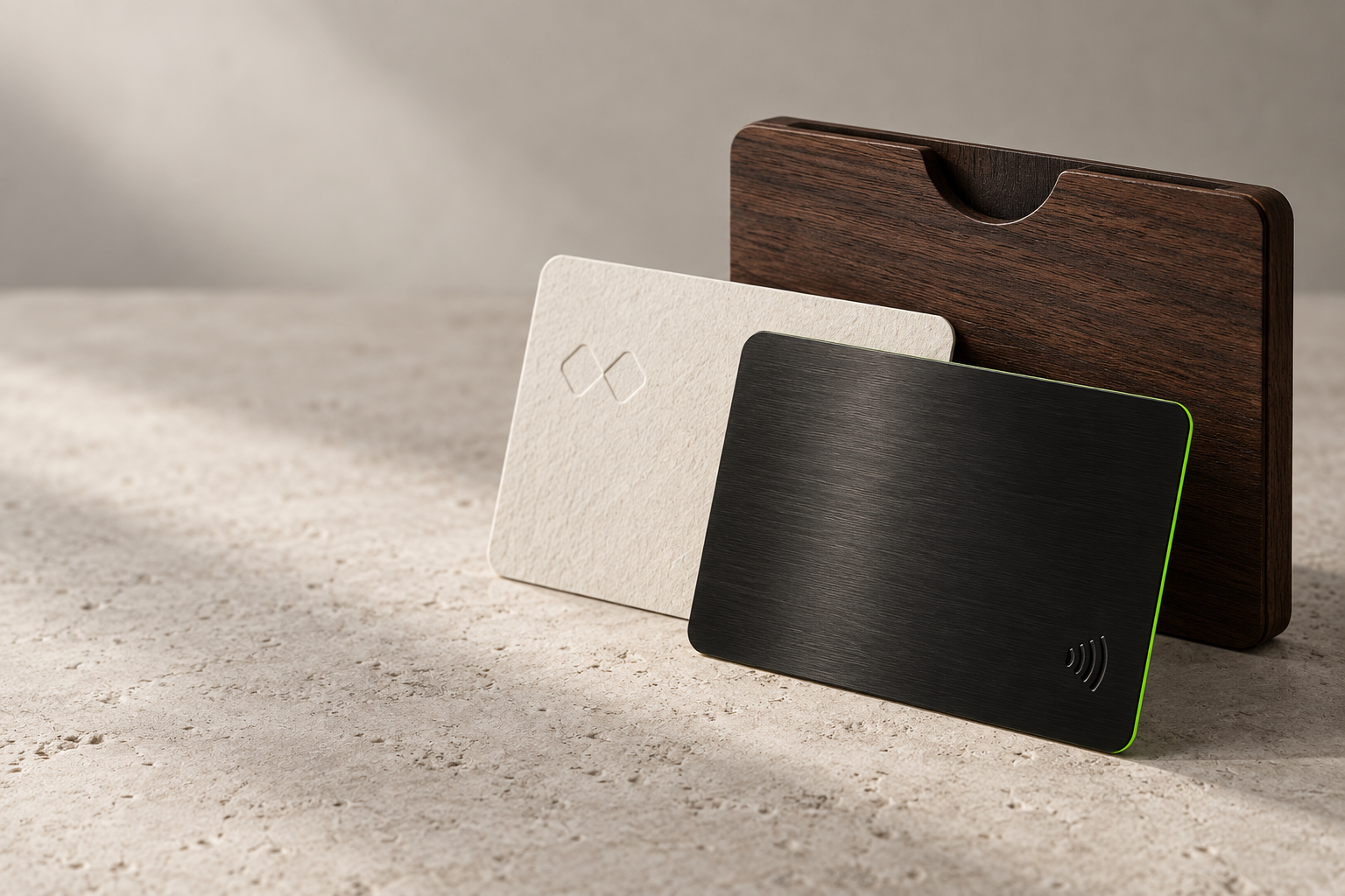Magic Tap card concepts in textured fibre, blackened metal and walnut
