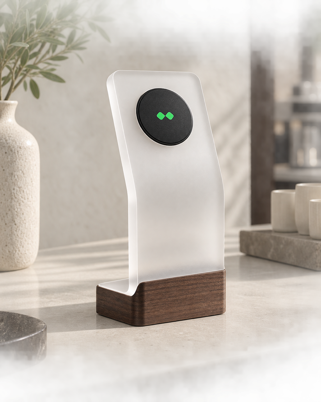 Frosted acrylic and walnut Magic Tap object