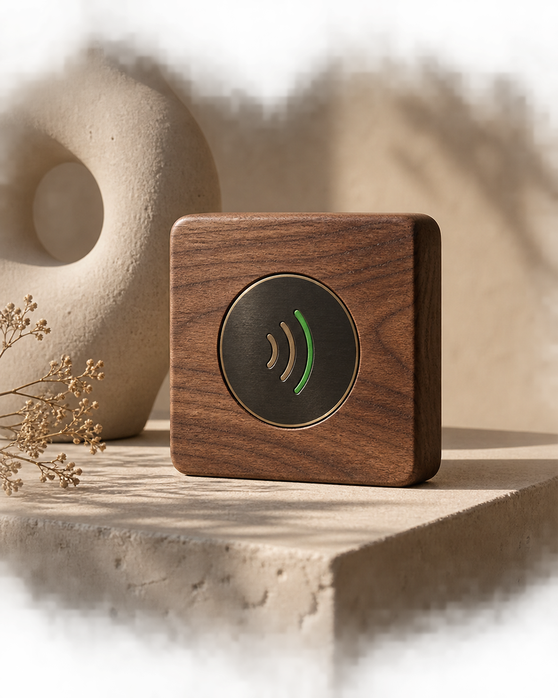 Hand-finished walnut connected object with a blackened metal tap medallion