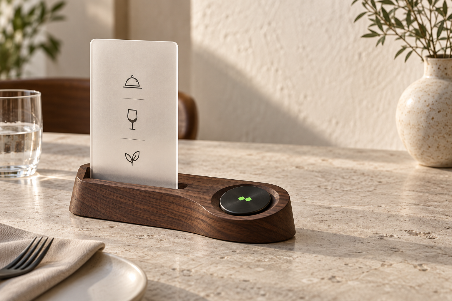 Walnut Magic Tap hospitality set on a stone restaurant table